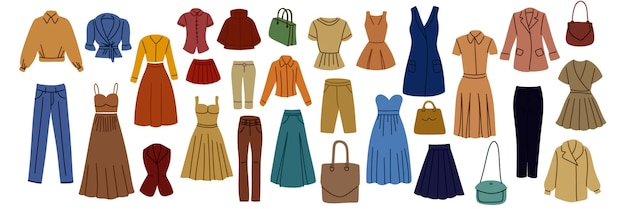 Colección de ropa femenina en estilo plano Arte vectorial dibujado a mano