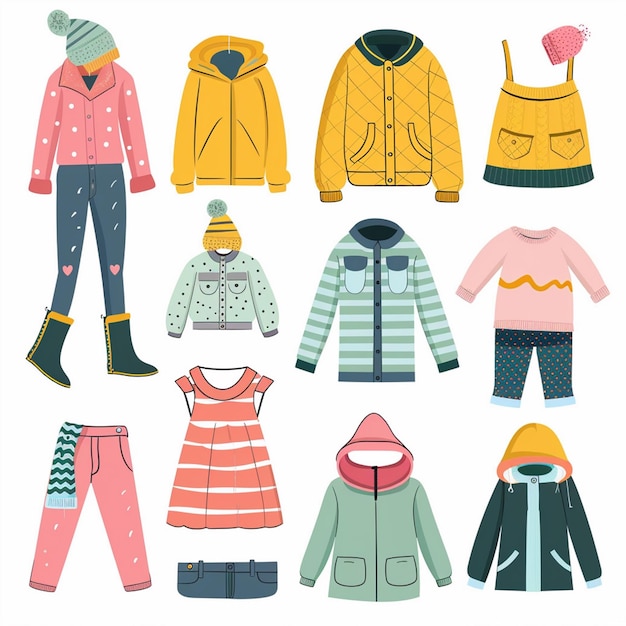 una colección de ropa, incluida una que tiene una chaqueta con una capucha