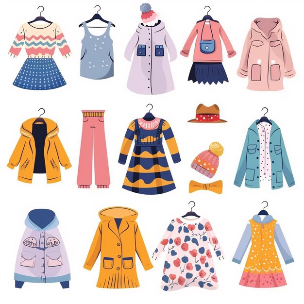 una colección de ropa, incluida una que tiene un sombrero