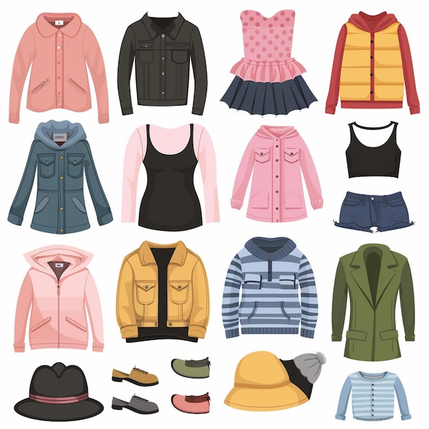 una colección de ropa, incluida una que tiene un sombrero