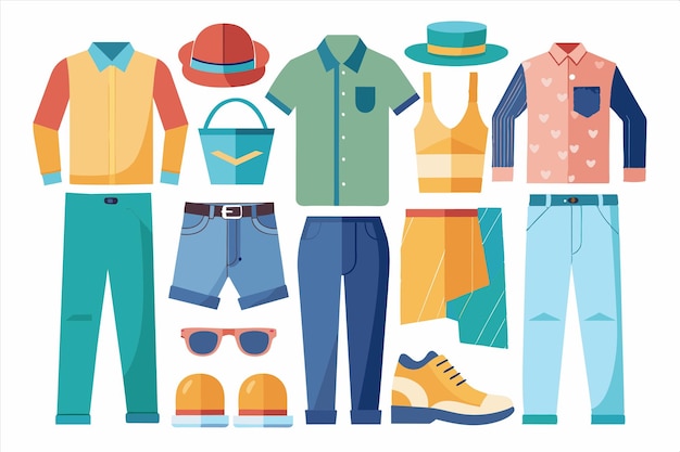 una colección de ropa incluyendo una que tiene una camisa en ella