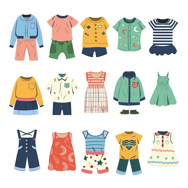 una colección de ropa incluyendo una que tiene el número 5 en ella