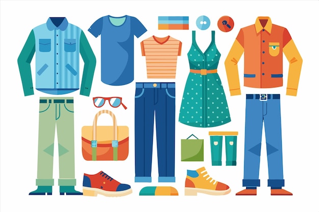 una colección de ropa incluyendo una que tiene el número 5 en ella