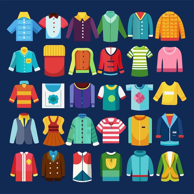 una colección de ropa incluyendo una que tiene la palabra suéter en él