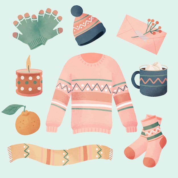 Colección de ropa de invierno y artículos esenciales de acuarela