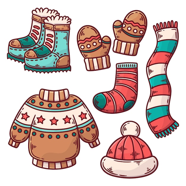 Colección de ropa de invierno y básicos dibujados a mano