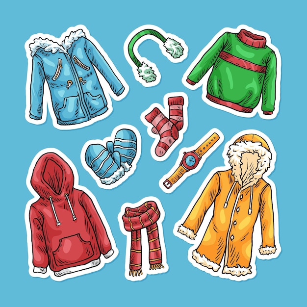 Vector colección de ropa de invierno y básicos dibujados a mano