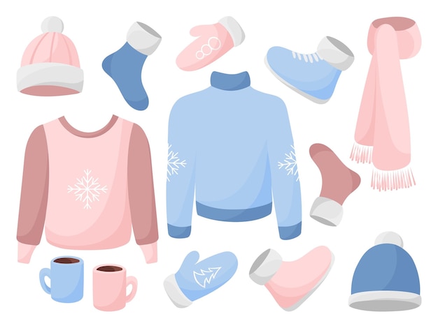 Colección de ropa de invierno. cálido. azul y rosa. hombre y mujer. elementos vectoriales aislados.