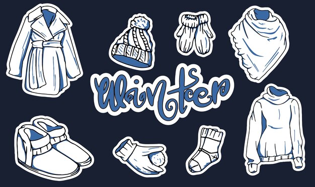 Colección de ropa de invierno. colección de ropa para el invierno. En un estilo de dibujos animados.