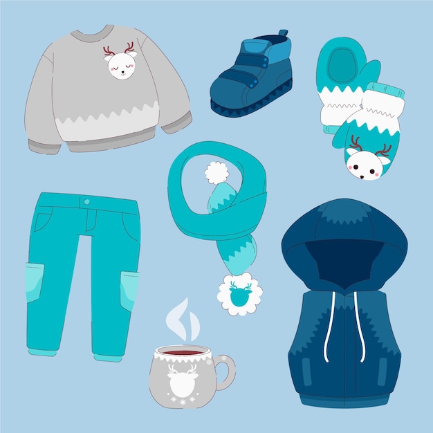 Vector colección de ropa de invierno plana y básicos dibujados a mano.