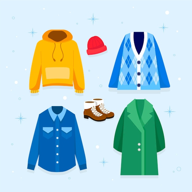Colección de ropa de invierno plana y básicos dibujados a mano.