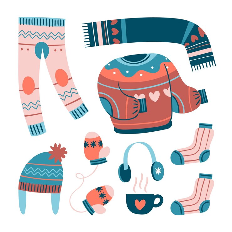 Vector colección de ropa de invierno plana y básicos dibujados a mano.