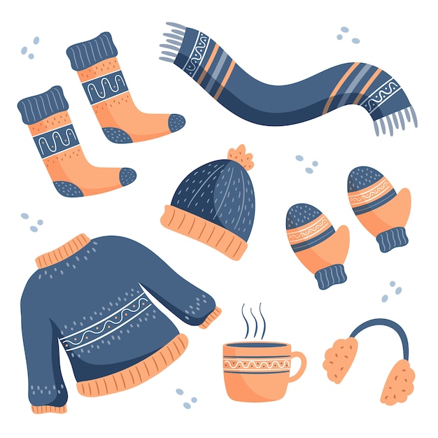 Colección de ropa de invierno plana y básicos dibujados a mano.