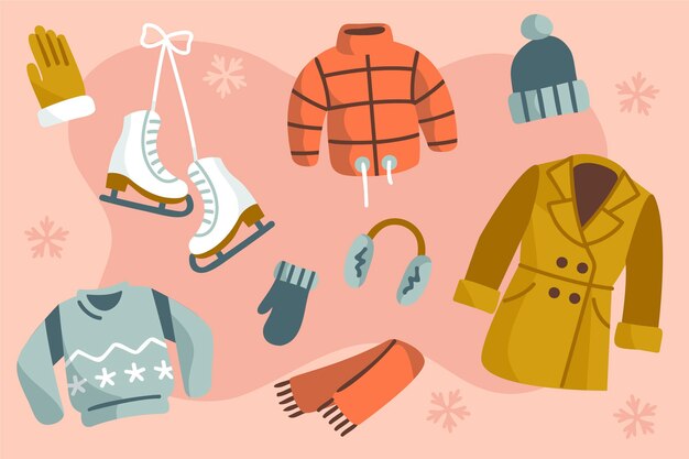 Colección de ropa de invierno plana y básicos dibujados a mano.