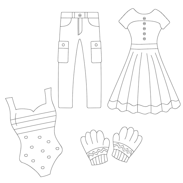 Colección de ropa Jeans vestido traje de baño y guantes