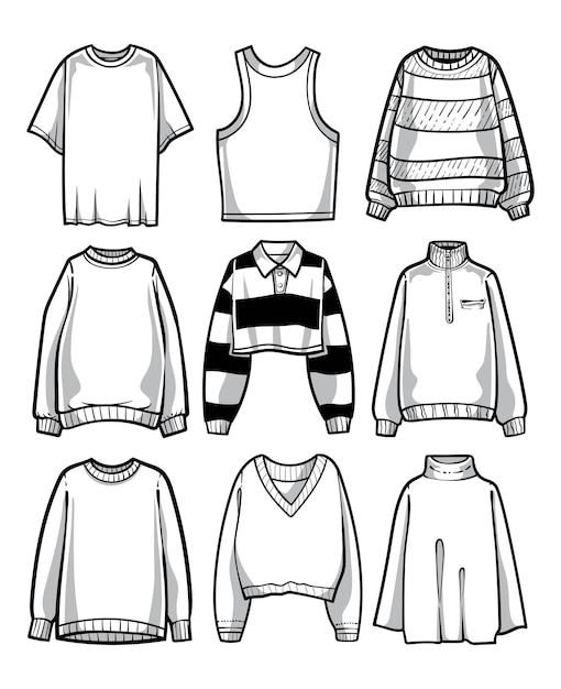 Colección de ropa de línea en blanco y negro Vector