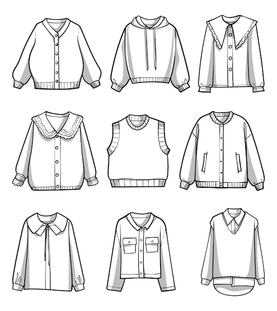 Colección de ropa de línea en blanco y negro Vector