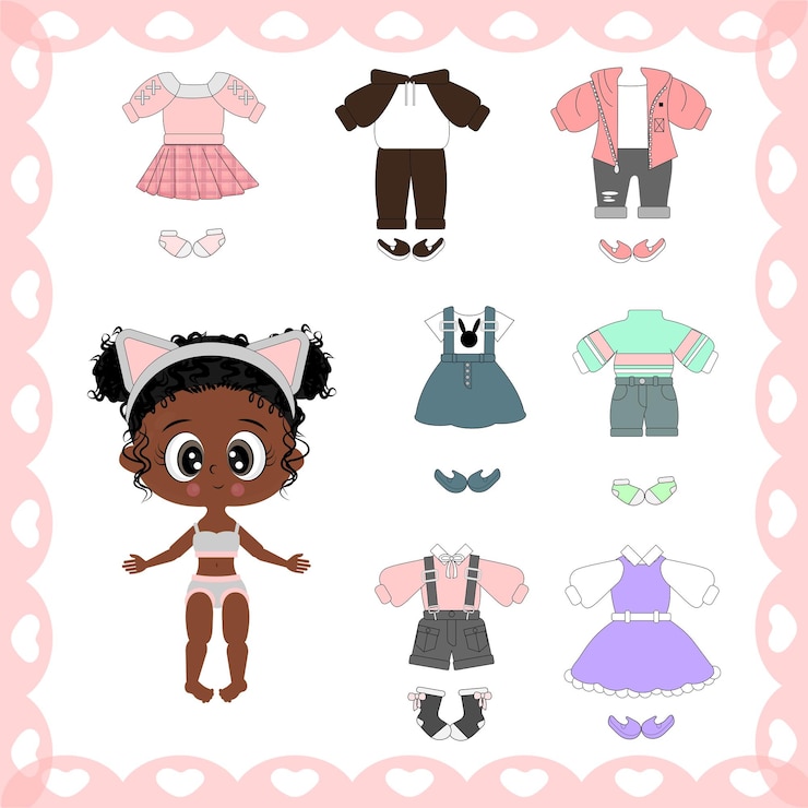 Vector colección de ropa de muñecas de papel hermosa niña afro para aplicaciones web recortes de impresión juegos infantiles diseño ilustración vectorial