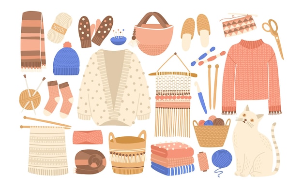 Colección de ropa de punto de invierno y herramientas de tejer aisladas sobre fondo blanco - jersey de lana, cárdigan, bufanda, gorro, guantes, calcetines, agujas, gancho, hilo. Ilustración vectorial de dibujos animados plana