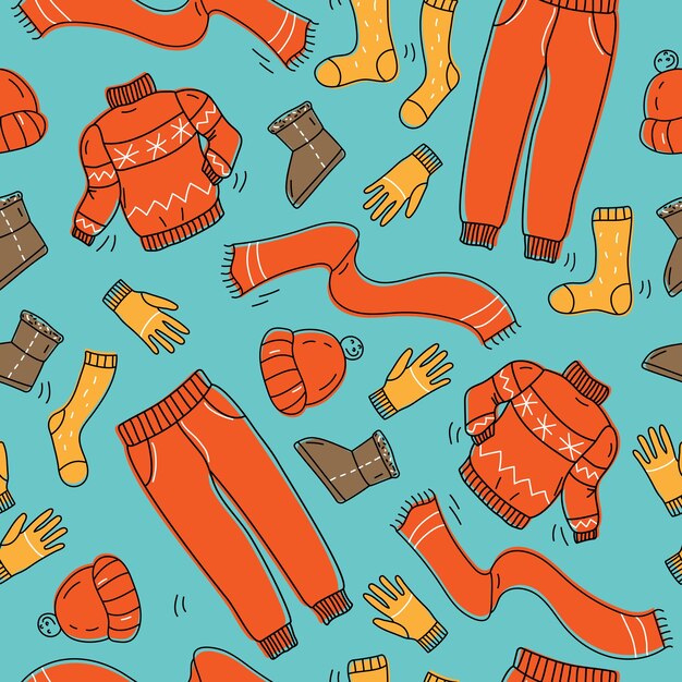 Una colección de ropa y zapatos cálidos y acogedores Accesorios de invierno Patrón sin costuras Temporada fría
