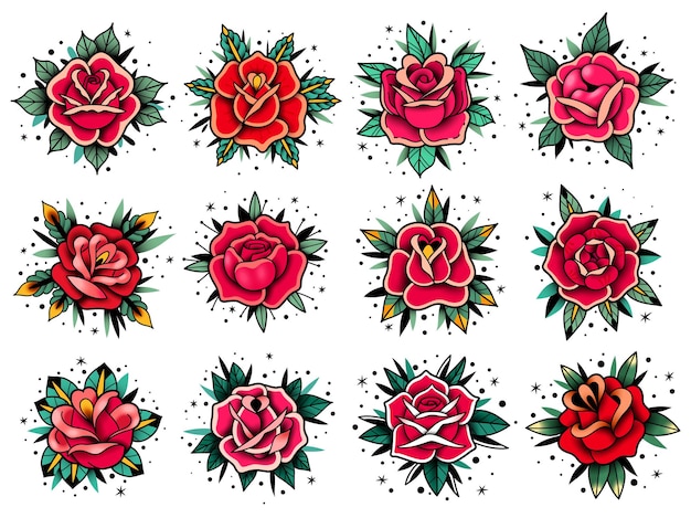 Colección de rosas de tatuajes de la vieja escuela