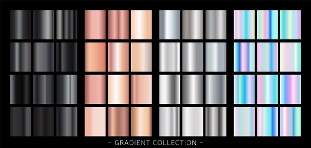 Colección Rose Gold, Silver Gradient, Black Gradient y Foil Gradient modernas combinaciones. Vector.