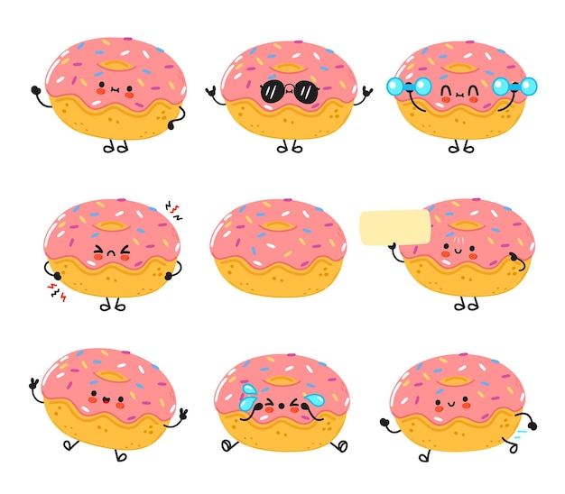 Una colección de rosquillas encantadoras con varias expresiones emocionales ideales para diseños lúdicos