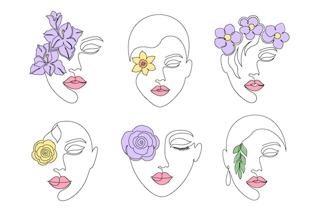 Colección de rostros de mujeres en estilo de dibujo en línea sobre fondo blanco