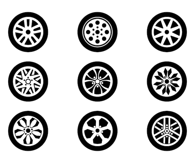 Colección de ruedas de automóviles negras y llantas de diseño plano
