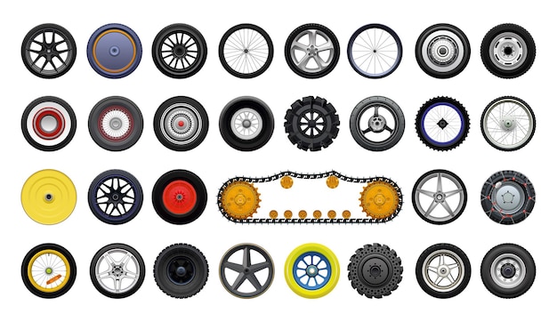 Colección de ruedas realistas detalladas de varios vehículos.