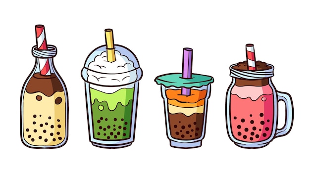 Colección de sabores bubble tea dibujados a mano