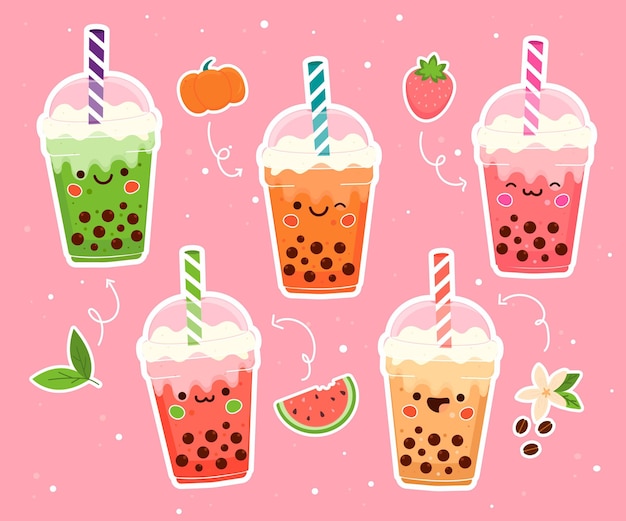 Colección de sabores bubble tea dibujados a mano