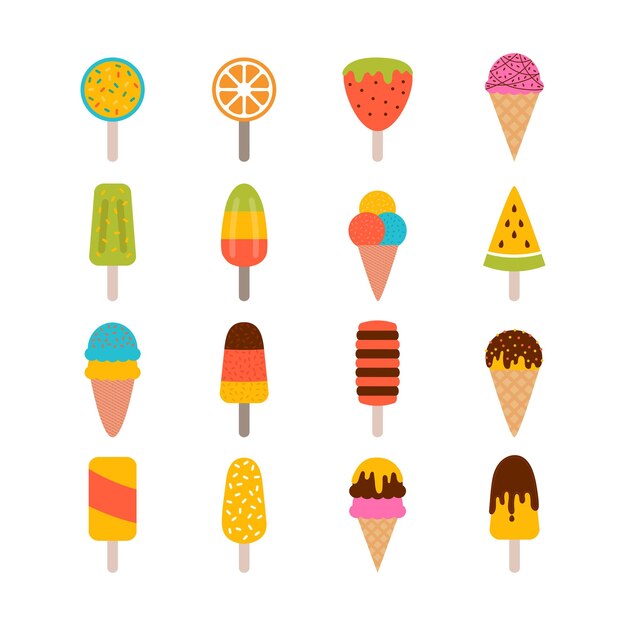 Colección de sabrosos helados Conjunto de conos de helado y helados con diferentes ingredientes Postre de chocolate y vainilla