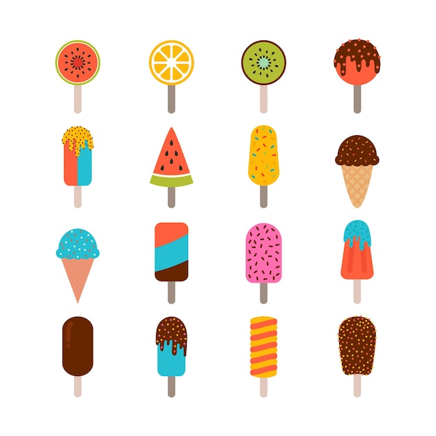 Colección de sabrosos helados Conjunto de conos de helado y helados con diferentes ingredientes Postre de vainilla y chocolate