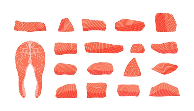 Vector colección de salmón rodajas de pescado rojo crudo fresco estilo plano de dibujos animados filetes de trucha atlántica saludable aleta de cola mariscos comida gourmet colección aislada de vectores