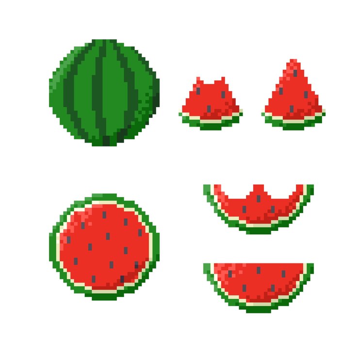 Vector colección de sandías de arte de píxeles bayas frescas en estilo retro de 8 bits conjunto de iconos de mosaico de dibujos animados