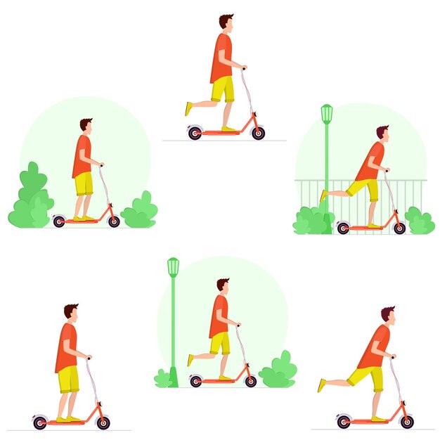 Colección de scooters de equitación masculinos aislados sobre fondo blanco Ilustración vectorial