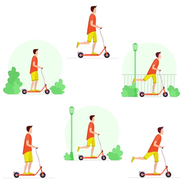 Colección de scooters de equitación masculinos aislados sobre fondo blanco ilustración vectorial