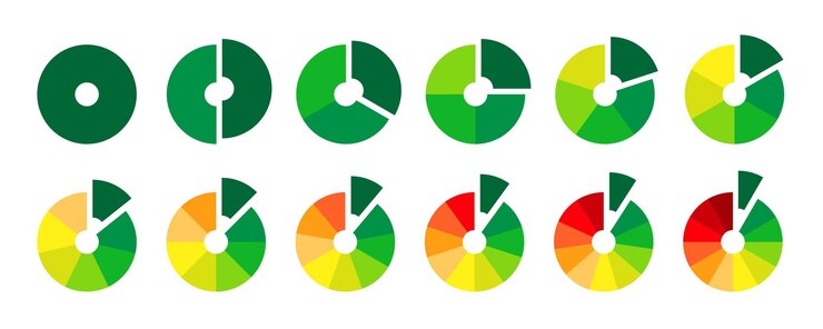 Vector colección de secciones de donas multicolores diagramas de gráficos de ruedas con elementos redondos infográficos cortados
