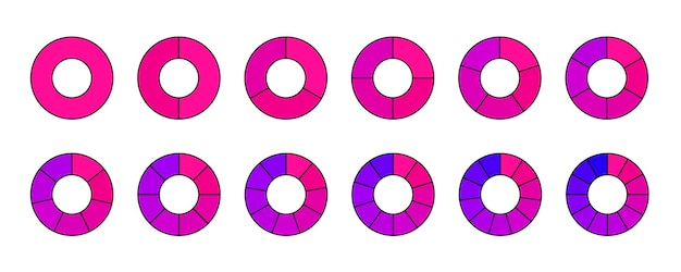 Colección de segmentos de gráficos de anillos Diagramas de ruedas establecidos en colores rosa púrpura Secciones de contorno