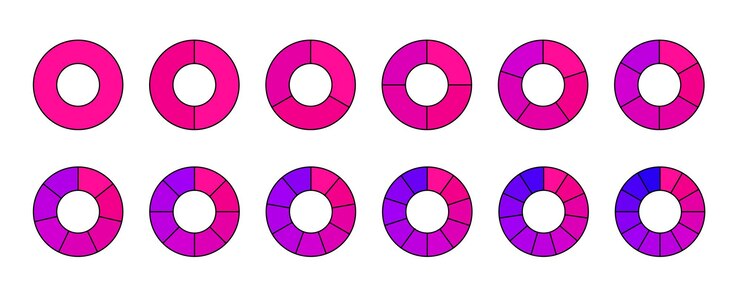Vector colección de segmentos de gráficos de anillos diagramas de ruedas establecidos en colores rosa púrpura secciones de contorno
