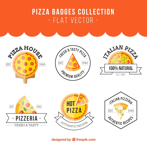 Vector colección de seis insignias para pizza