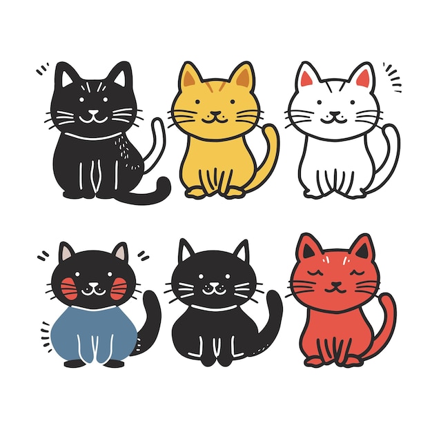 Colección de seis lindos gatos de dibujos animados sonriendo diferentes colores patrones diferentes personajes de gatos