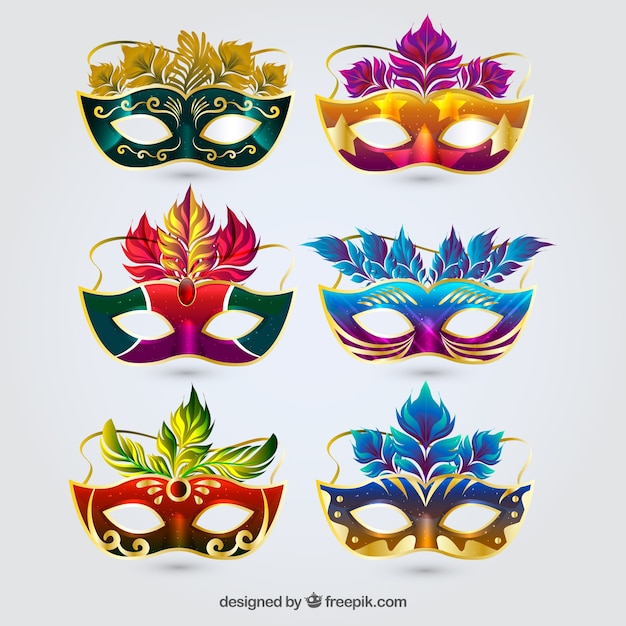 Vector colección de seis máscaras de carnaval coloridas