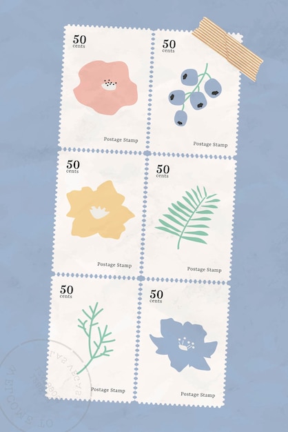 Colección de sellos botánicos en vector de fondo azul