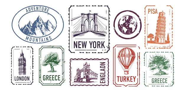 Vector colección de sellos de la ciudad londres turquía grecia nueva york montañas de pisa
