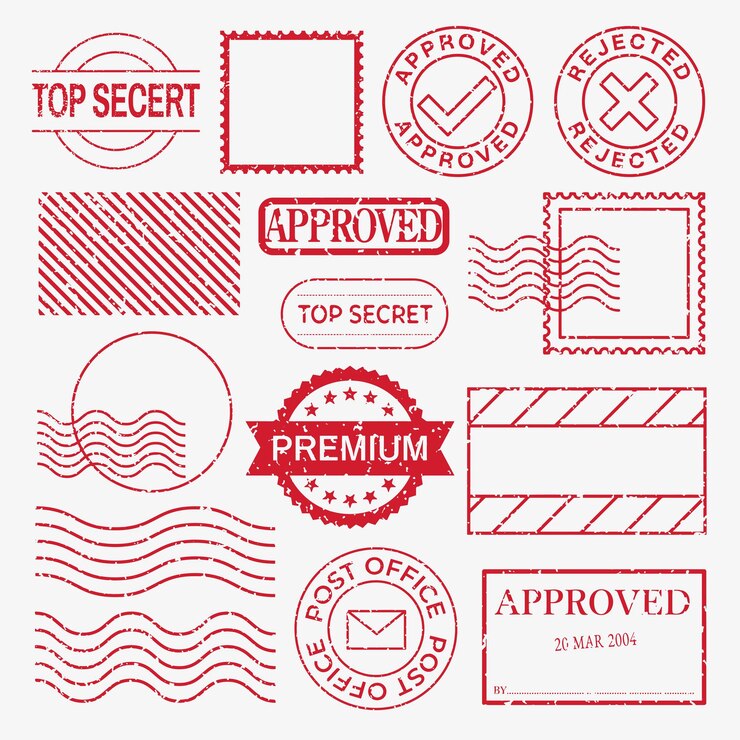 Vector colección de sellos de goma rojos con 39 aprobado39 39 top secret39 y 39 rechazado39 varios diseños de sellos incluyen temas postales y premium set vectorial de sellos rojos