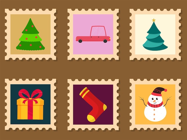 Colección de sellos de Navidad sobre fondo marrón.
