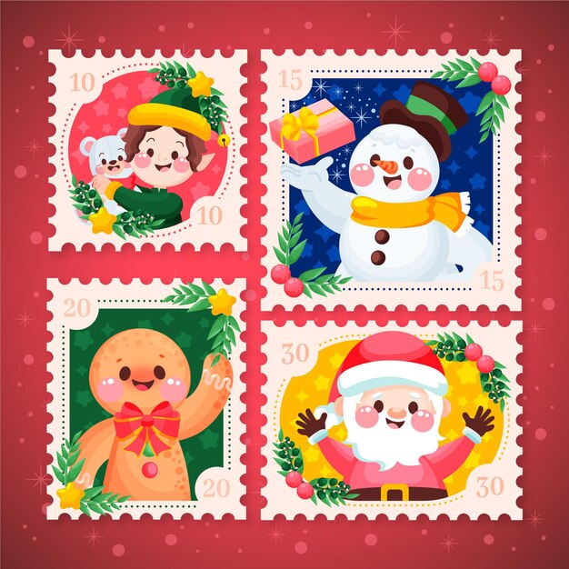 Colección de sellos navideños dibujados a mano
