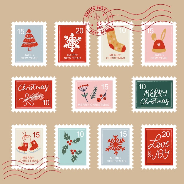 Colección de sellos postales navideños dibujados a mano